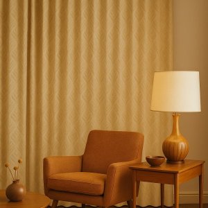 Sfeerfoto van retro gordijnen met crèmekleurig bloempatroon in een interieursetting