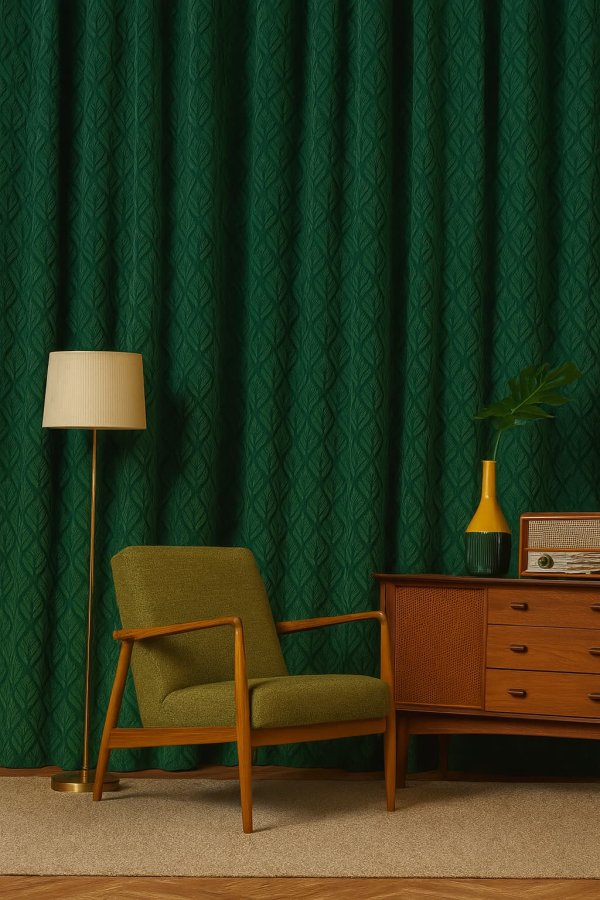 Sfeerfoto van groene shabby chic retro gordijnen met vintage meubelen
