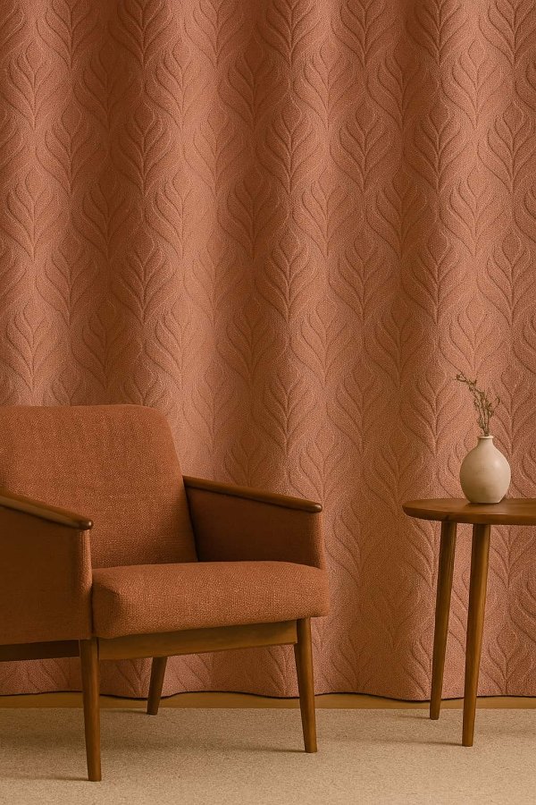 Sfeerfoto van roze retro gordijnen met vintage bloem patroon in een interieur setting