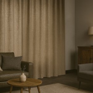 Sfeerimpressie van soft taupe inbetween gordijnen uit de Saphira-lijn, op maat gemaakt voor een modern en sfeervol interieur met zachte, neutrale tinten.