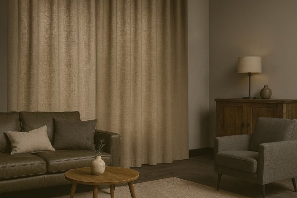 Sfeerimpressie van soft taupe inbetween gordijnen uit de Saphira-lijn, op maat gemaakt voor een modern en sfeervol interieur met zachte, neutrale tinten.