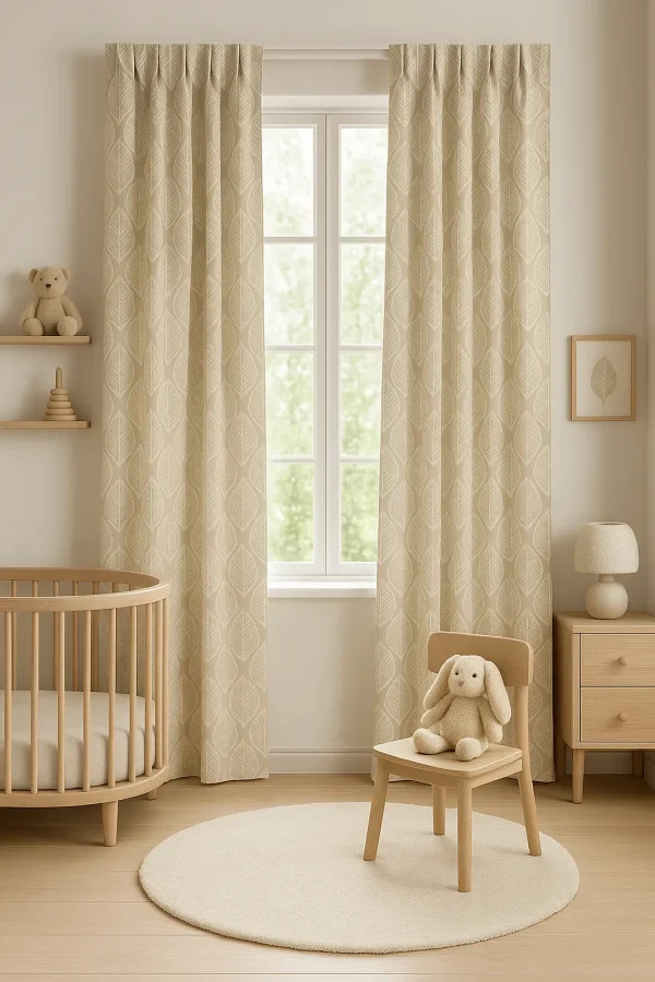 Gordijnen met Scandinavisch blaadjespatroon in zandkleur in een schattige kinderkamer
