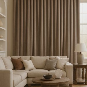 Taupe velvet gordijnen uit de Renoir-collectie in een Sfeerimpressie in moderne interieursetting met strakke lijnen, neutrale kleuren en warme sfeer.