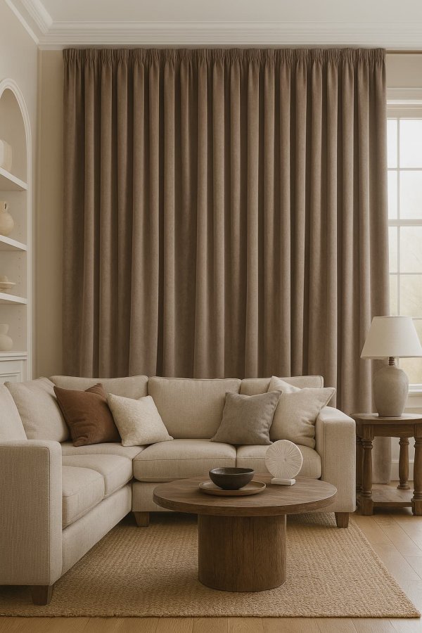 Taupe velvet gordijnen uit de Renoir-collectie in een Sfeerimpressie in moderne interieursetting met strakke lijnen, neutrale kleuren en warme sfeer.