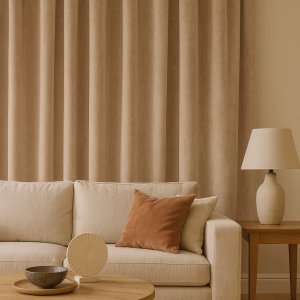 Zandkleurige velvet gordijnen uit de Renoir-collectie in een Sfeerimpressie in landelijke interieursetting met natuurlijke materialen en zachte tinten.