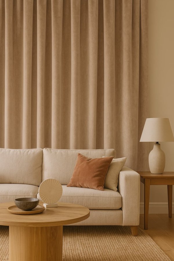 Zandkleurige velvet gordijnen uit de Renoir-collectie in een Sfeerimpressie in landelijke interieursetting met natuurlijke materialen en zachte tinten.
