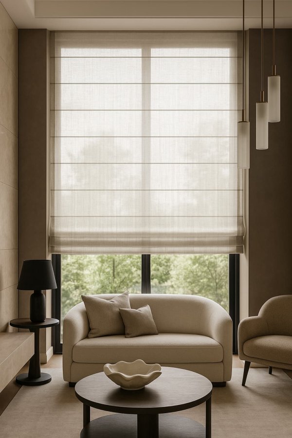 beige inbetween vouwgordijnen uit de Norena collectie als sfeervolle impressie in een warm en stijlvol interieur