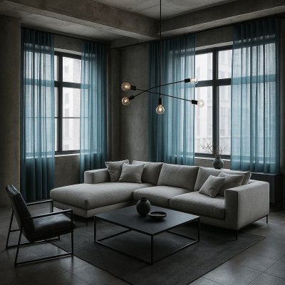 blauwe gordijnen als sfeervolle inspiratie in een industrieel interieur