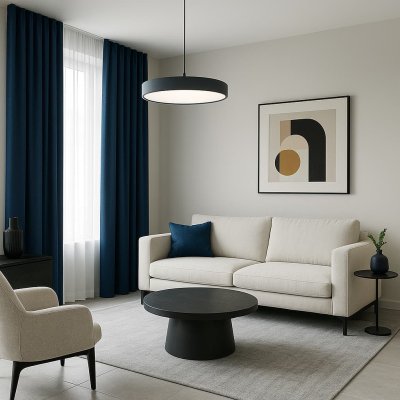 Blauwe gordijnen die warmte en diepte brengen in een modern interieur.