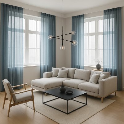 Scandinavische woonkamer met blauwe gordijnen als frisse blikvanger.
