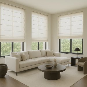 crèmekleurige linnen vouwgordijnen uit de Maison collectie als sfeervolle impressie in een licht en stijlvol interieur