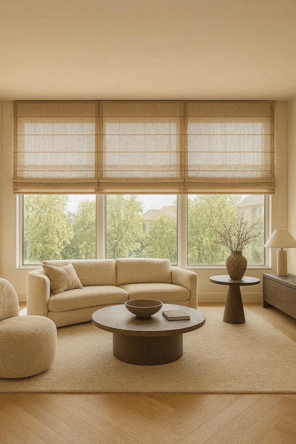 groengrijze inbetween vouwgordijnen uit de Norena collectie als sfeervolle impressie in een stijlvol en eigentijds interieur