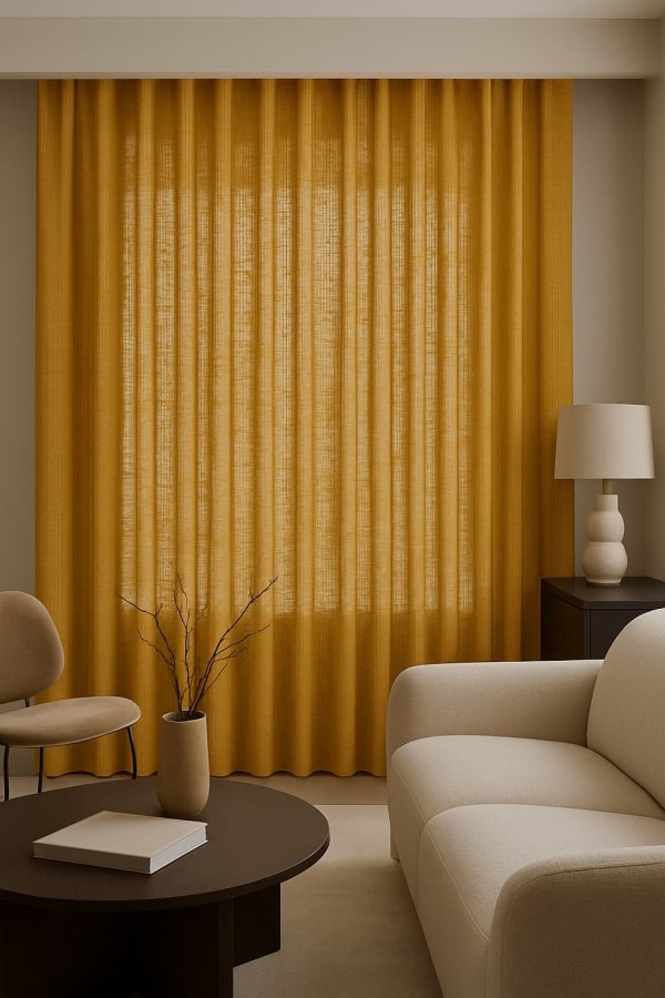 Interieursetting met okergele gordijnen uit de Elegance collectie – Okika