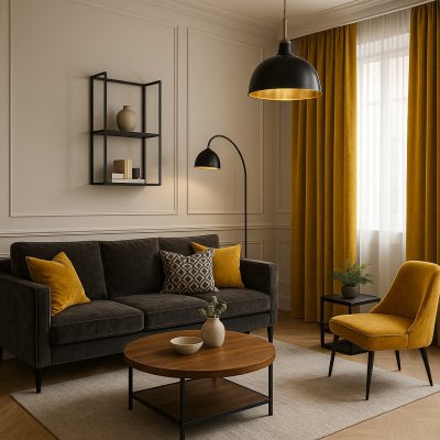 stijlvolle hotel chique woonkamer met okergele gordijnen als eyecatcher.