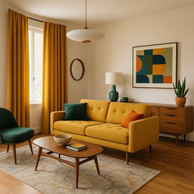 Retro interieur met okergele gordijnen als opvallend stijlaccent.