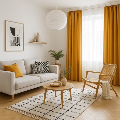 okergele gordijnen als sfeervolle inspiratie in een Scandinavische interieursetting