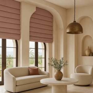 oudroze vouwgordijnen uit de Imperial collectie, sfeervol gepresenteerd in een warm en elegant interieur