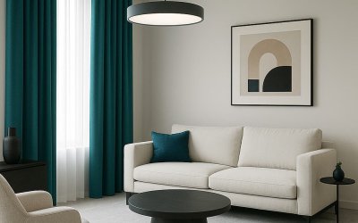 petrolkleurige gordijnen als stijlvolle blikvanger in een sfeervol interieur