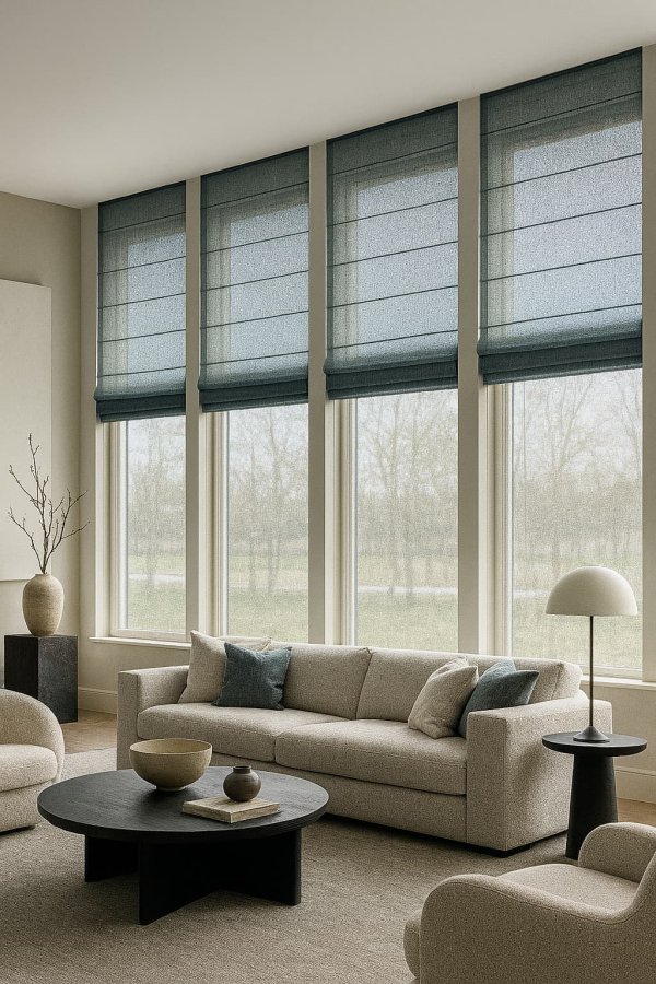 petrolkleurige inbetween vouwgordijnen uit de Norena collectie als sfeervolle impressie in een eigentijds en warm interieur