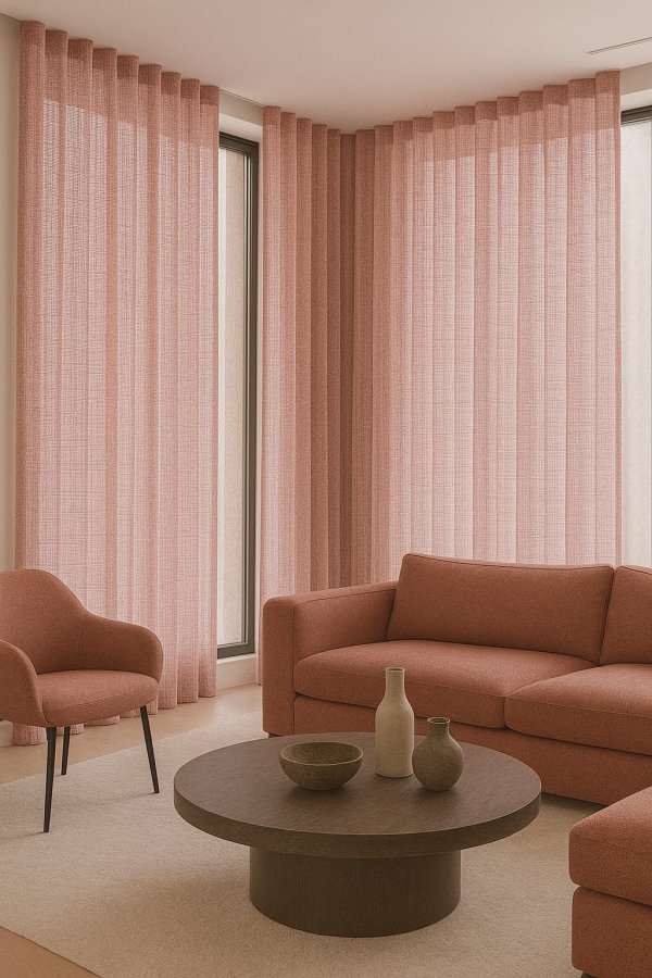 Okika Elegance collectie zachtroze gordijnen in stijlvolle woonruimte sfeerimpressie