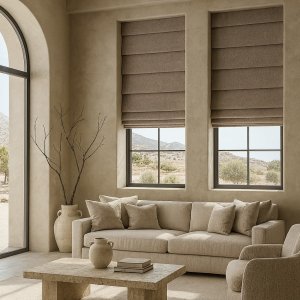 soft taupe vouwgordijnen uit de Imperial collectie als sfeervolle impressie in een modern en warm interieur