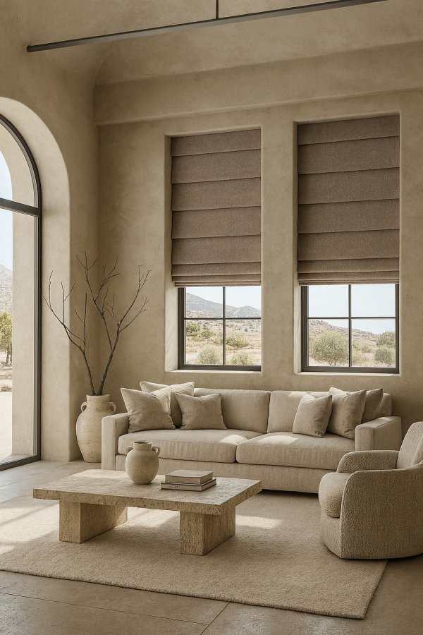 soft taupe vouwgordijnen uit de Imperial collectie als sfeervolle impressie in een modern en warm interieur