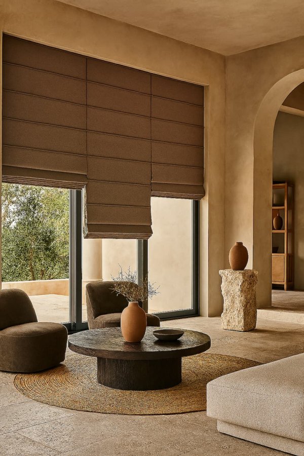 taupe vouwgordijnen uit de Imperial collectie als sfeervolle impressie in een stijlvol en tijdloos modern interieur