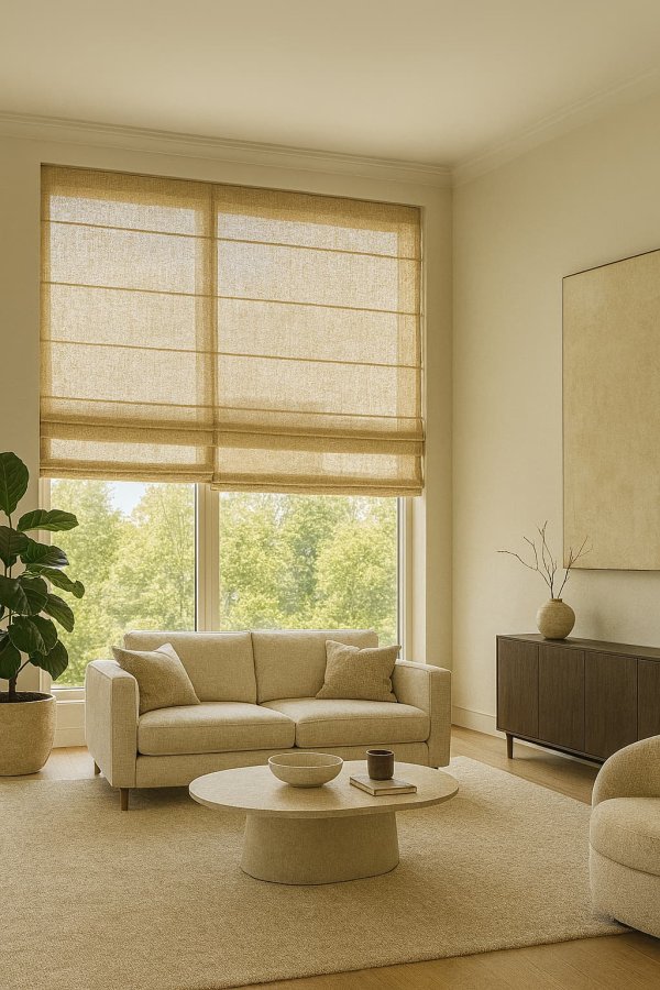 taupe inbetween vouwgordijnen uit de Norena collectie als sfeervolle impressie in een tijdloos en stijlvol interieur