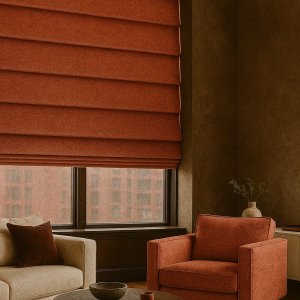 terrakleurige vouwgordijnen uit de Imperial collectie als sfeervolle impressie in een warm en gezellig interieur