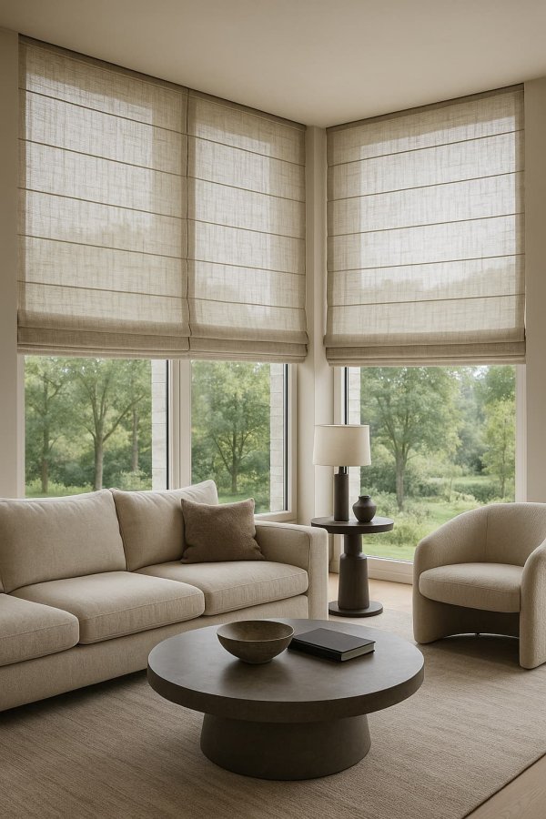 zandkleurige inbetween vouwgordijnen uit de Norena collectie als sfeervolle impressie in een warm en natuurlijk interieur