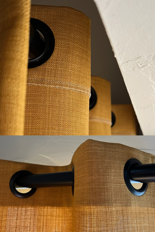 Afwerking van gordijnen met ringen als ophangsysteem, close up van ringen en roede. gordijnen van klant thuis