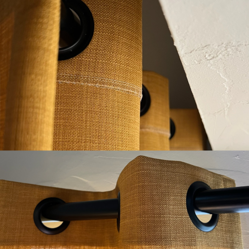 Afwerking van gordijnen met ringen als ophangsysteem, close up van ringenen en roede.