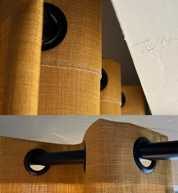 Gordijnen-ringen-ophangsyteem-voorkant-en-achterkant Afwerking van gordijnen met ringen als ophangsysteem, close up van ringenen en roede.
