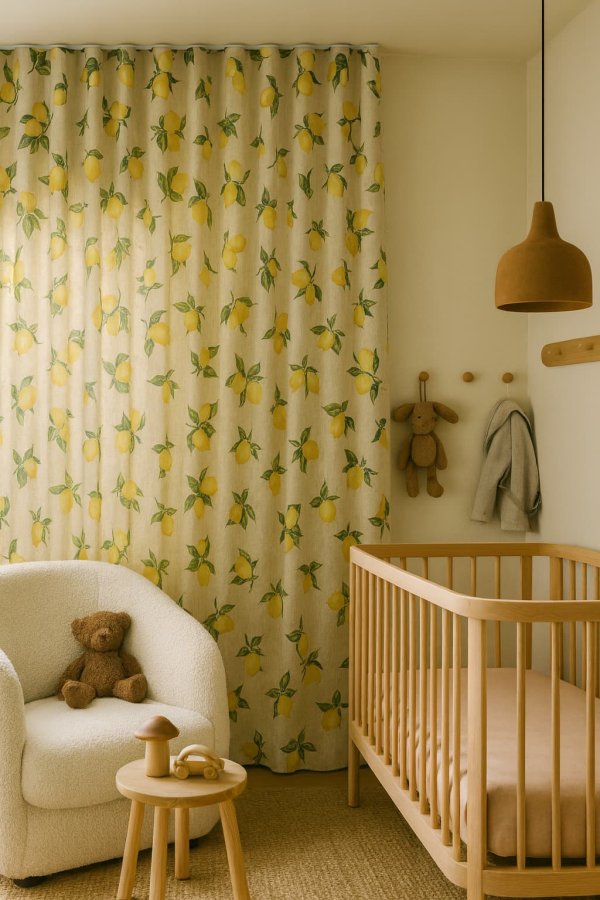 Citroenen gordijnen in de kinderkamer, frisse sfeerimpressie met speels patroon.