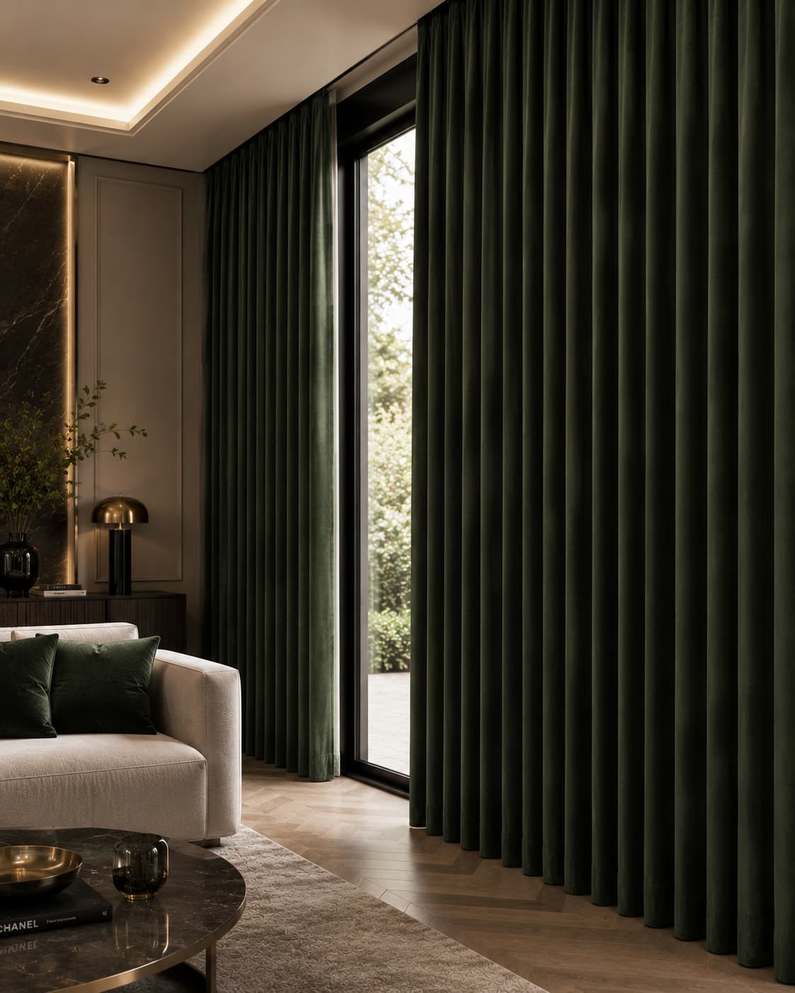 Donkergroene chenille gordijnen in een luxe en modern interieur met warme natuurlijke materialen en veel daglicht. Interieursetting met wave plooi.