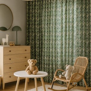 Graphic diamant gordijnen in groen, sfeerimpressie in een kinderkamer.