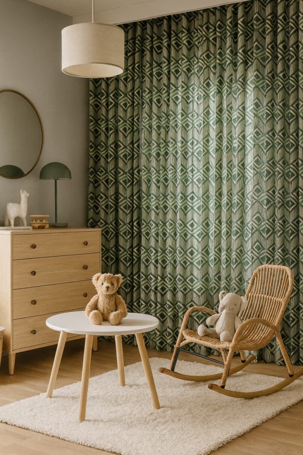 Graphic diamant gordijnen in groen, sfeerimpressie in een kinderkamer.