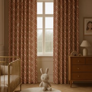 Graphic diamant gordijnen in rood, sfeerimpressie in een kinderkamer.
