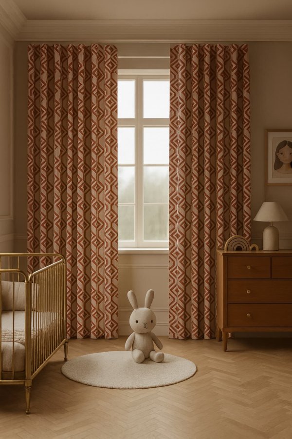 Graphic diamant gordijnen in rood, sfeerimpressie in een kinderkamer.