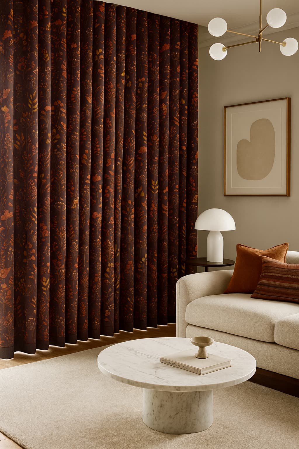 Herfst gordijn in Okika-stijl, sfeervol toegepast in een interieursetting met warme en natuurlijke uitstraling