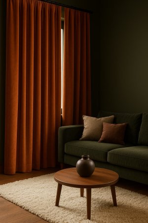 Oranje en terra gordijnen in een herfst- en winterinterieur, gecombineerd met groene tinten, houten accenten, kussens en een zacht hoogpolig kleed