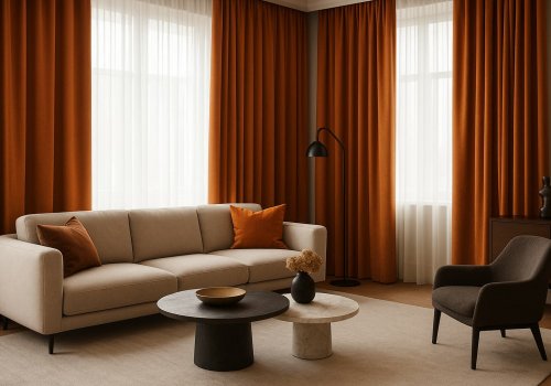 Oranje en terra gordijnen inspiratie in een modern interieur met warme tinten en natuurlijke materialen, sfeerbeeld
