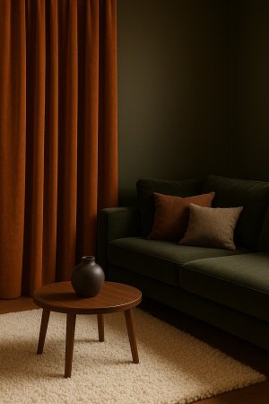 Oranje en terra gordijnen in een warm winter- en herfstinterieur, met groene tinten, houten meubels, kussens en een hoogpolig vloerkleed