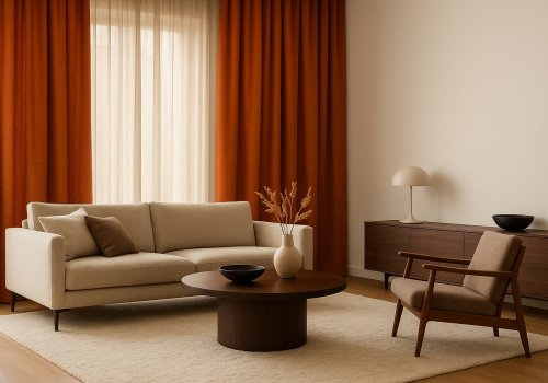 Oranje en terra gordijnen in de woonkamer, gecombineerd met warme aardse kleuren en natuurlijke accessoires.