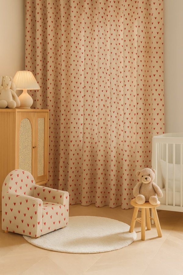 Sfeerimpressie van de rode glitter hartjes kinderkamer gordijnen in een warme, modern ingerichte kinderkamer.