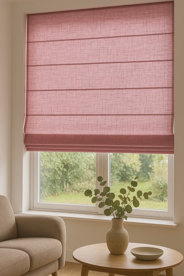 Roze vouwgordijnen in een stijlvolle setting, onderdeel van de Saphira-lijn.