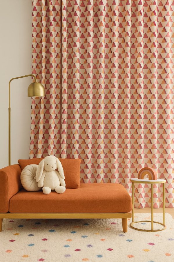 Sunset Prism gordijnen in de kinderkamer, sfeervolle impressie met kleurrijk patroon.