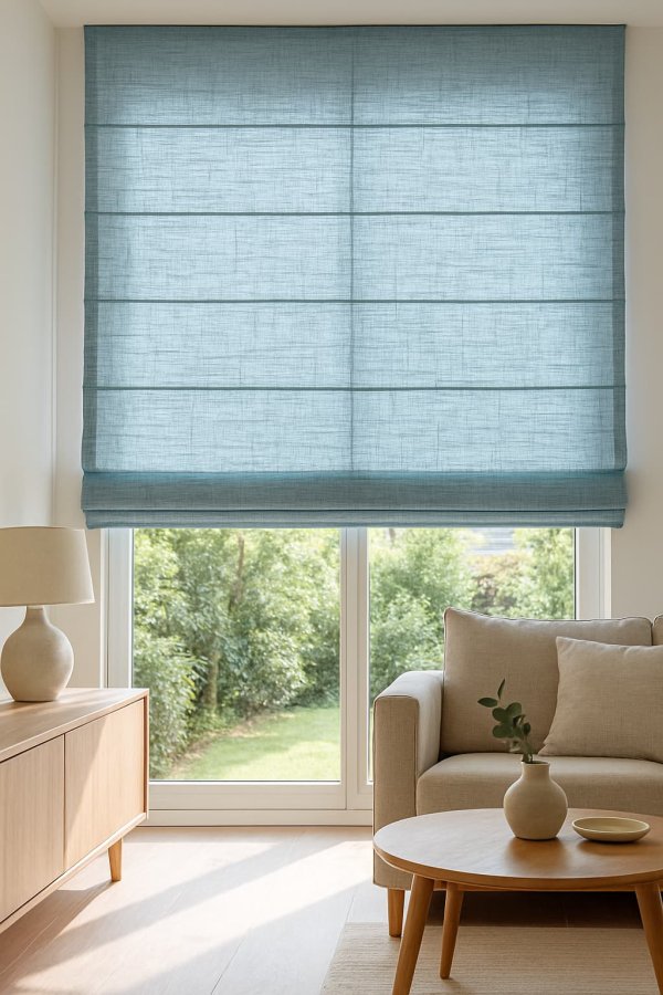 Interieur setting met elegante blauwe vouwgordijnen die zacht licht filteren. saphira collectie van okika