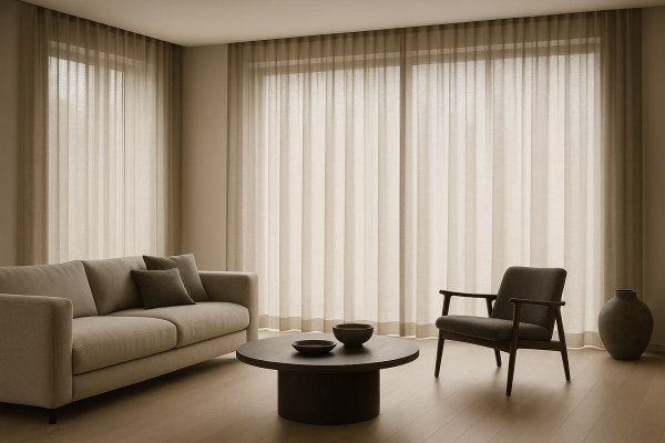 voorbeeld van de lichtdoorlatend heid in een woonkamer met inebtween gordijnen