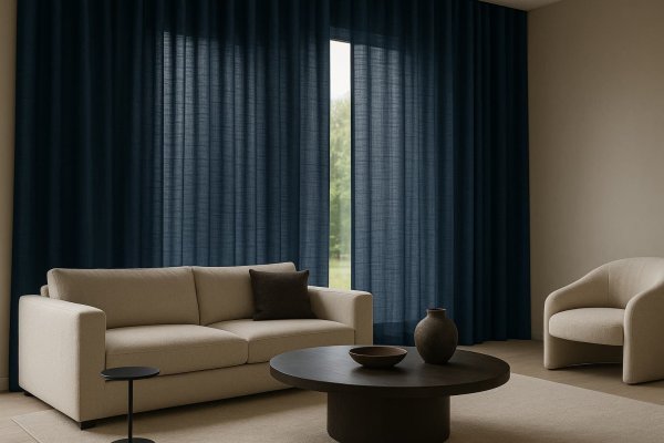 voorbeeld van de lichtdoorlatendheid in een woonkamer met semi-lichtdoorlatende gordijnen